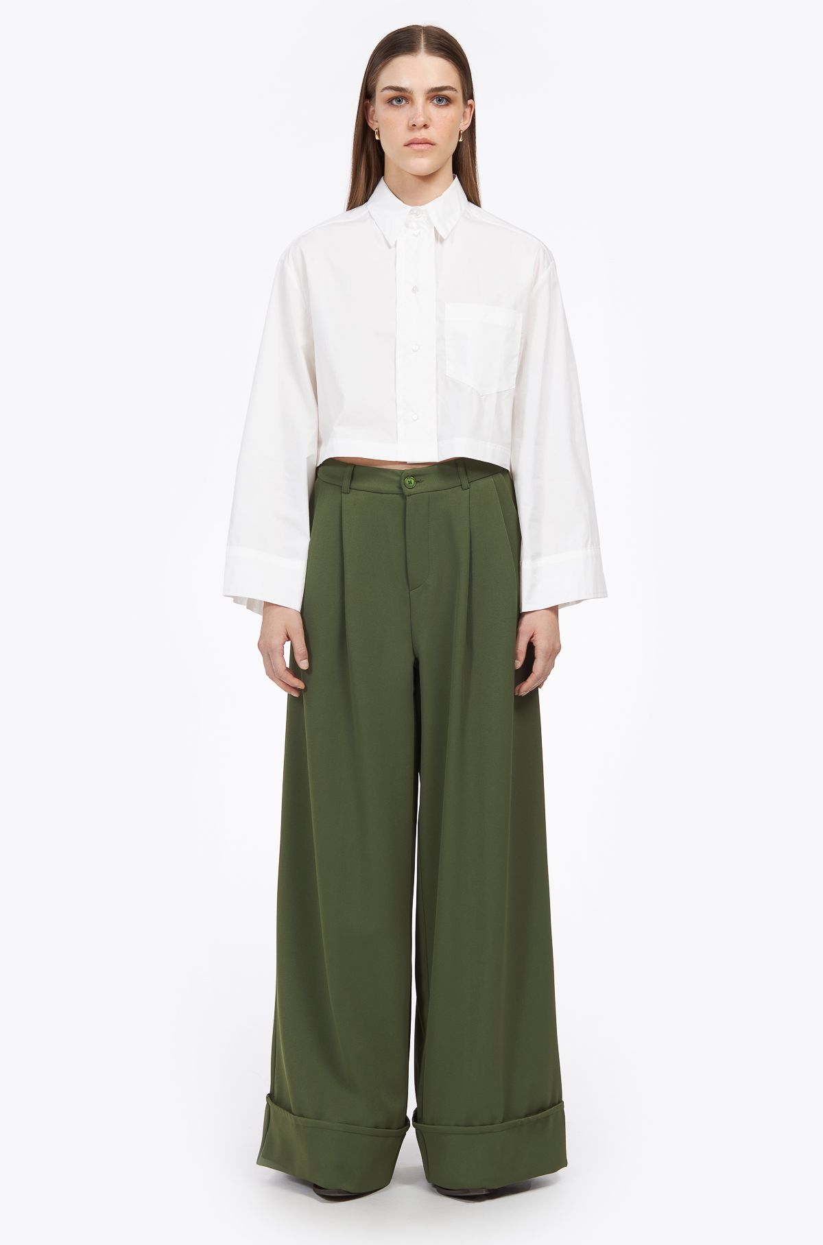 Wide-leg revered hem pants khaki ' - ' ΠΑΝΤΕΛΟΝΙΑ