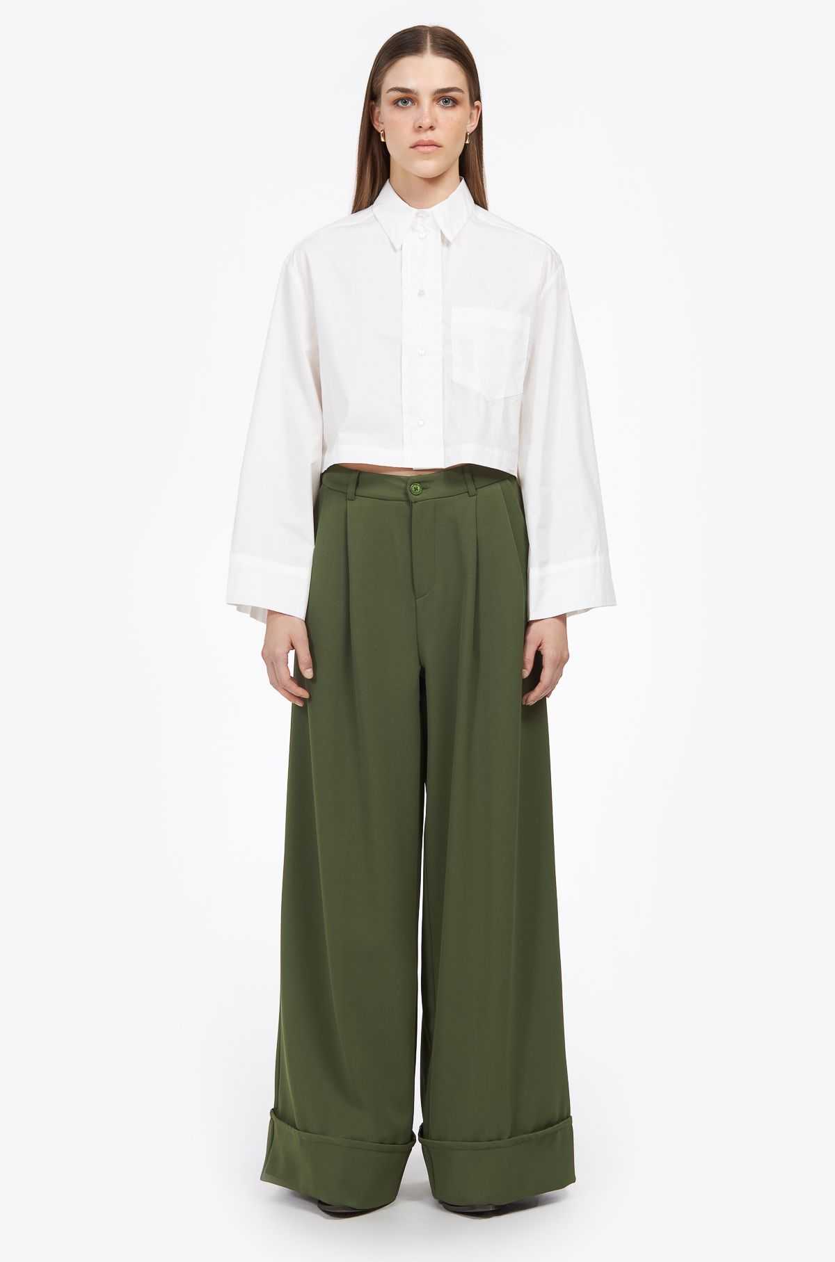 Wide-leg revered hem pants khaki