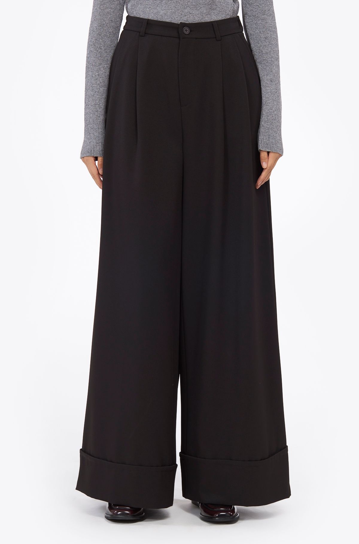 Wide-leg revered hem pants black ' - ' ΠΑΝΤΕΛΟΝΙΑ