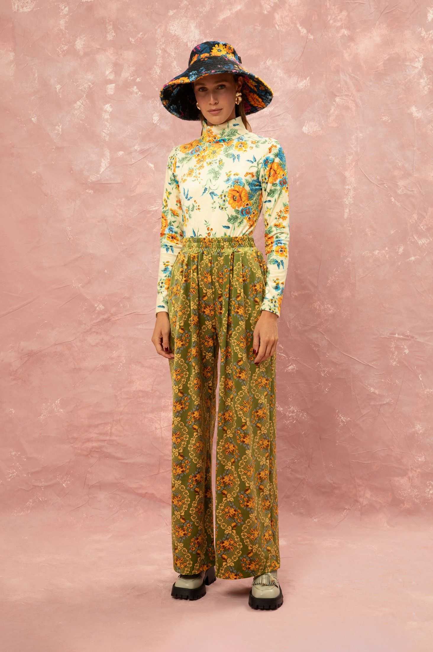 FLUFFY ELASTICATED-WAIST PANTS - LACE BOUQUET LIME