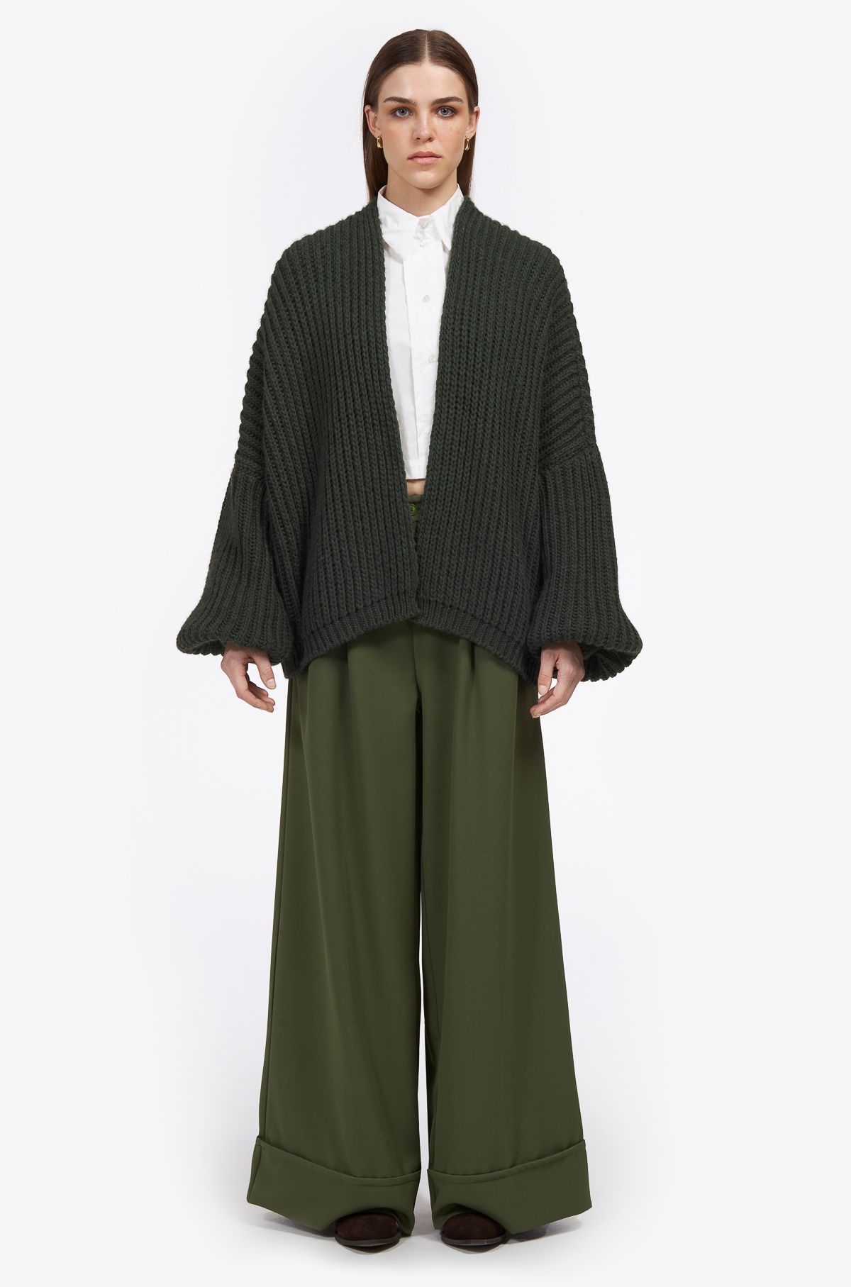 Wide-leg revered hem pants khaki ' - ' ΠΑΝΤΕΛΟΝΙΑ